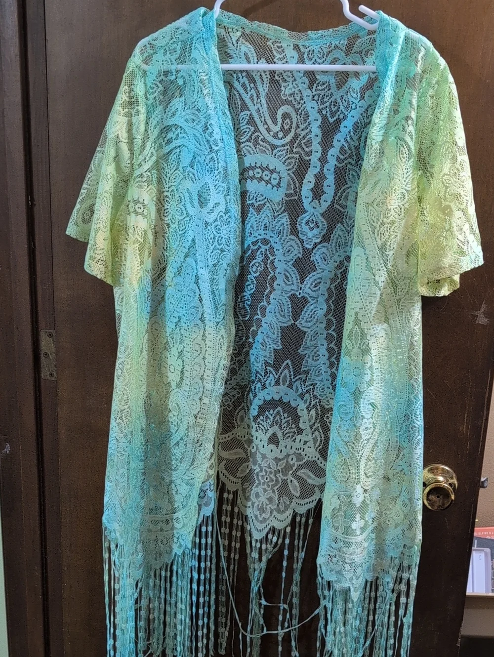 Sheer Lace Fringe Kimono in Aqua-Green And Yellow. No Tags Hand Ice Dyed